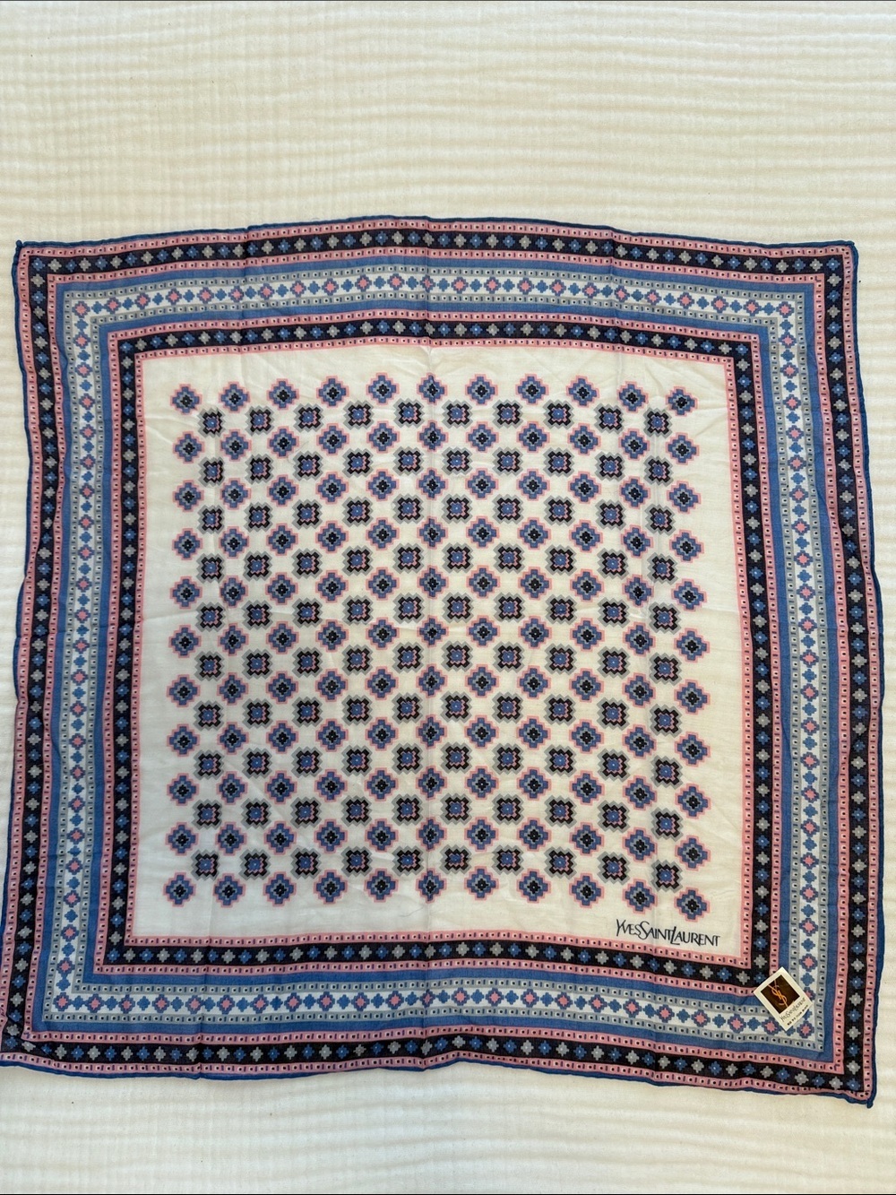 Yves Saint Laurent Pink, Blue & Navy Floral Motif Silk Scarf Handkerchief